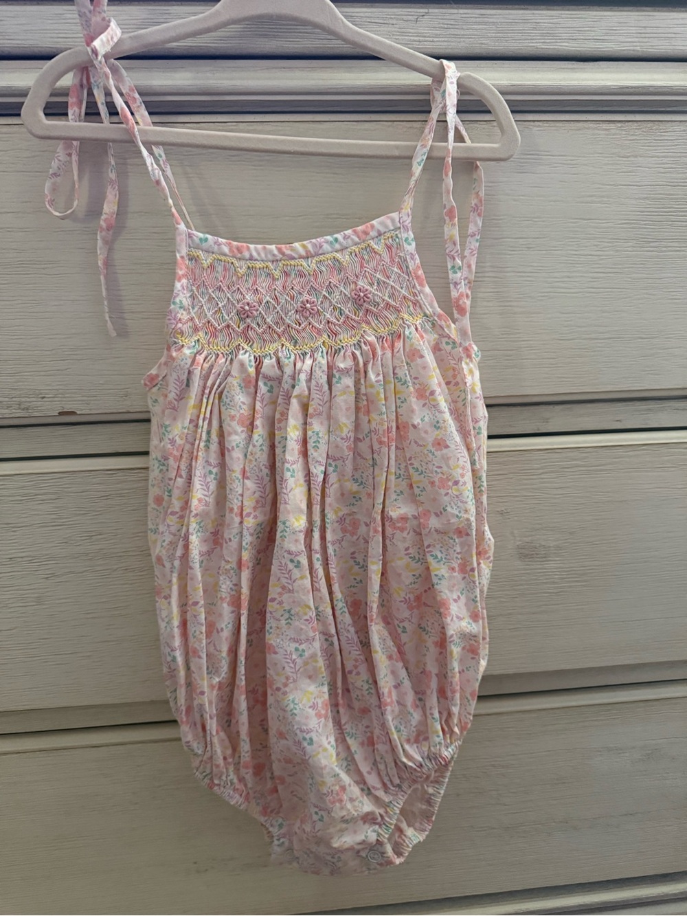 Stitchy fish Pink Floral Smocked Bubble Romper